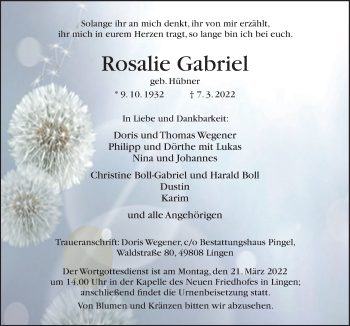 Traueranzeige von Rosalie Gabriel von Neue Osnabrücker Zeitung GmbH & Co. KG