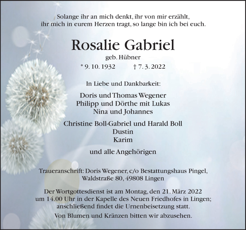  Traueranzeige für Rosalie Gabriel vom 17.03.2022 aus Neue Osnabrücker Zeitung GmbH & Co. KG