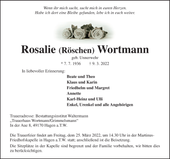 Traueranzeige von Rosalie Wortmann von Neue Osnabrücker Zeitung GmbH & Co. KG