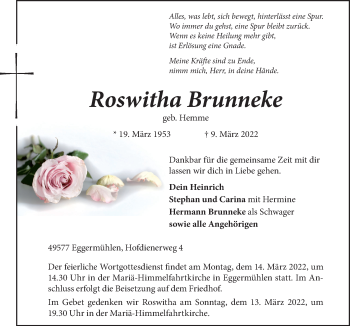 Traueranzeige von Roswitha Brunneke von Neue Osnabrücker Zeitung GmbH & Co. KG