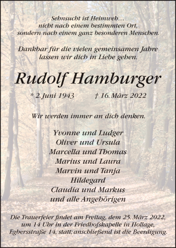 Traueranzeige von Rudolf Hamburger von Neue Osnabrücker Zeitung GmbH & Co. KG