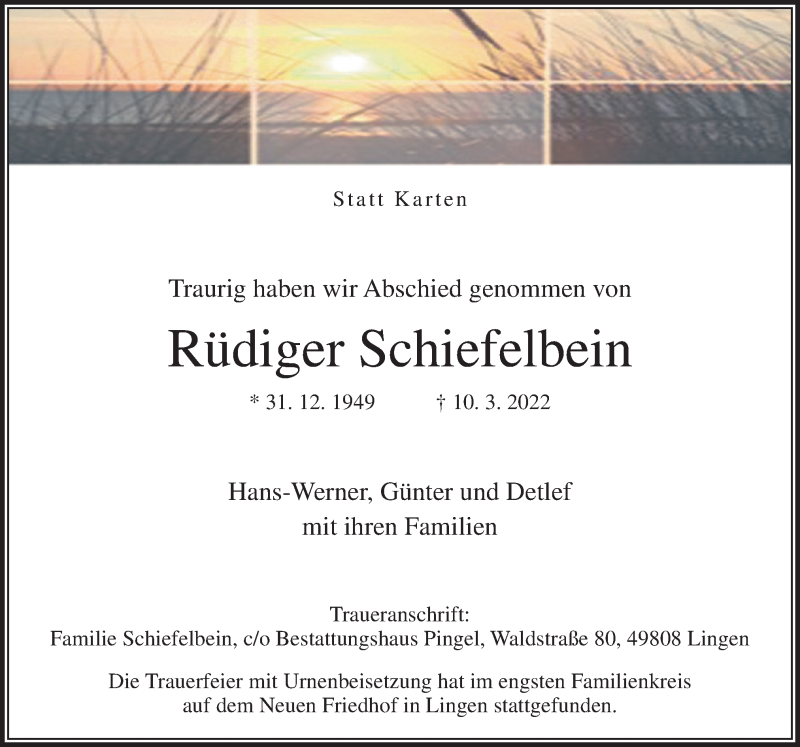 Traueranzeige für Rüdiger Schiefelbein vom 26.03.2022 aus Neue Osnabrücker Zeitung GmbH & Co. KG