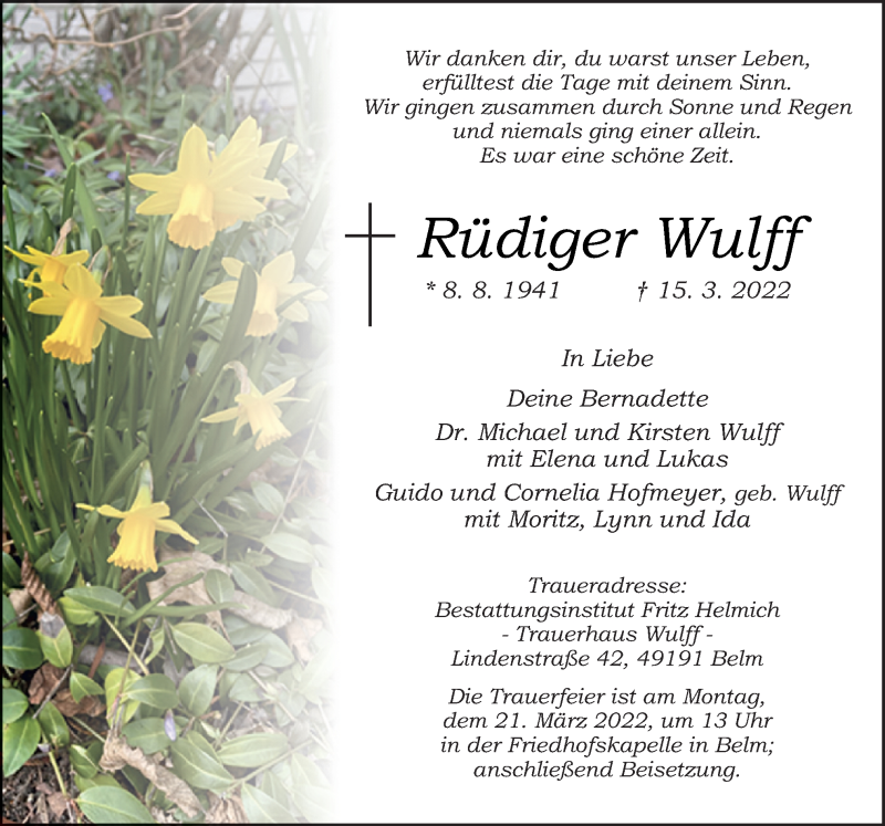  Traueranzeige für Rüdiger Wulff vom 19.03.2022 aus Neue Osnabrücker Zeitung GmbH & Co. KG