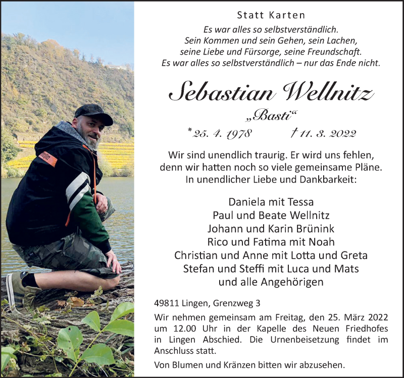  Traueranzeige für Sebastian Wellnitz vom 19.03.2022 aus Neue Osnabrücker Zeitung GmbH & Co. KG