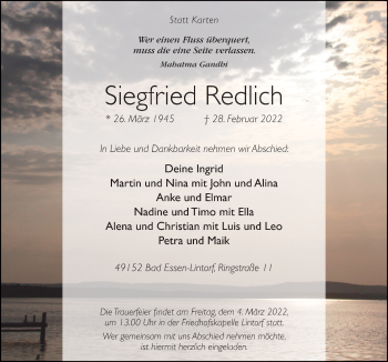 Traueranzeige von Siegfried Redlich von Neue Osnabrücker Zeitung GmbH & Co. KG