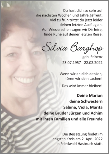 Traueranzeige von Silvia Barghop von Neue Osnabrücker Zeitung GmbH & Co. KG