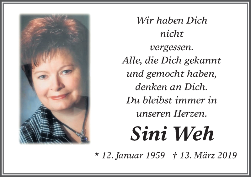  Traueranzeige für Sini Weh vom 12.03.2022 aus Neue Osnabrücker Zeitung GmbH & Co. KG