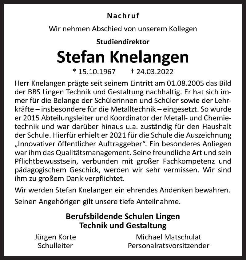  Traueranzeige für Stefan Knelangen vom 30.03.2022 aus Neue Osnabrücker Zeitung GmbH & Co. KG