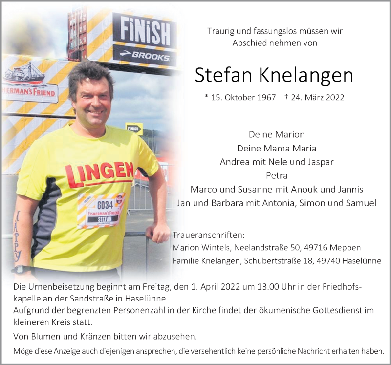  Traueranzeige für Stefan Knelangen vom 29.03.2022 aus Neue Osnabrücker Zeitung GmbH & Co. KG