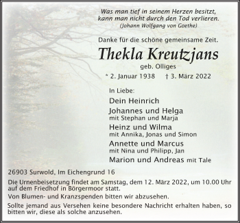 Traueranzeige von Thekla Kreutzjans von Neue Osnabrücker Zeitung GmbH & Co. KG