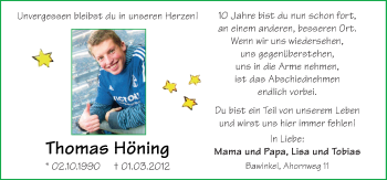 Traueranzeige von Thomas Höning von Neue Osnabrücker Zeitung GmbH & Co. KG