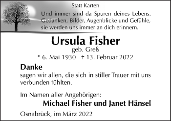 Traueranzeige von Ursula Fisher von Neue Osnabrücker Zeitung GmbH & Co. KG