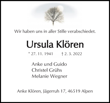Traueranzeige von Ursula Klören von Neue Osnabrücker Zeitung GmbH & Co. KG