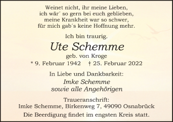 Traueranzeige von Ute Schemme von Neue Osnabrücker Zeitung GmbH & Co. KG