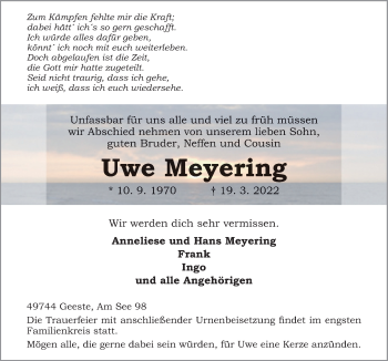 Traueranzeige von Uwe Meyering von Neue Osnabrücker Zeitung GmbH & Co. KG