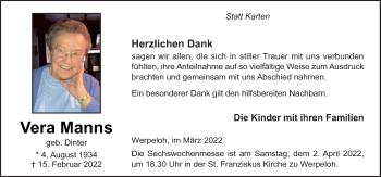 Traueranzeige von Vera Manns von Neue Osnabrücker Zeitung GmbH & Co. KG