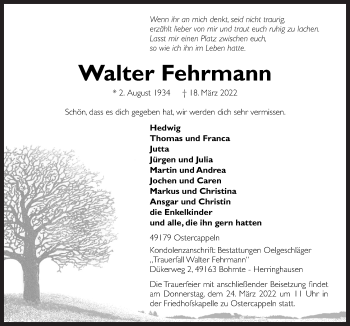 Traueranzeige von Walter Fehrmann von Neue Osnabrücker Zeitung GmbH & Co. KG