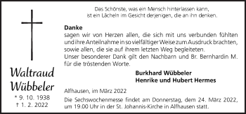 Traueranzeige von Waltraud Wübbeler von Neue Osnabrücker Zeitung GmbH & Co. KG