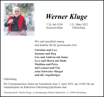 Traueranzeige von Werner Kluge von Neue Osnabrücker Zeitung GmbH & Co. KG