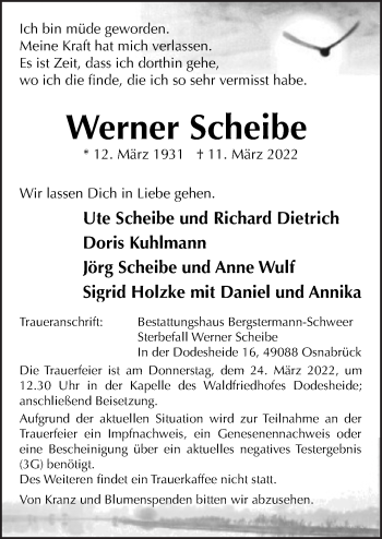 Traueranzeige von Werner Scheibe von Neue Osnabrücker Zeitung GmbH & Co. KG