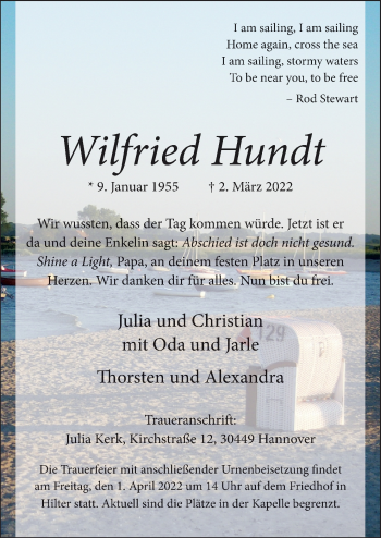 Traueranzeige von Wilfried Hundt von Neue Osnabrücker Zeitung GmbH & Co. KG