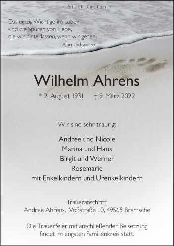 Traueranzeige von Wilhelm Ahrens von Neue Osnabrücker Zeitung GmbH & Co. KG