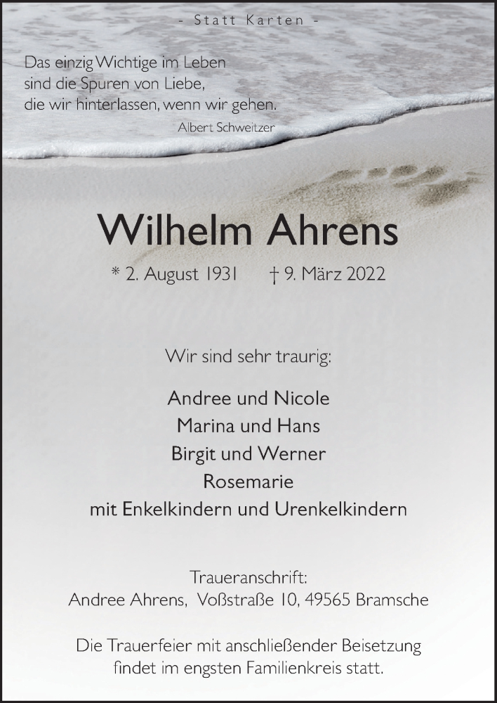  Traueranzeige für Wilhelm Ahrens vom 12.03.2022 aus Neue Osnabrücker Zeitung GmbH & Co. KG