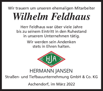 Traueranzeige von Wilhelm Feldhaus von Neue Osnabrücker Zeitung GmbH & Co. KG