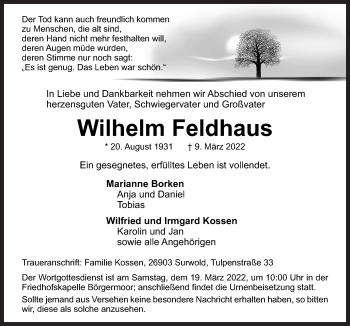 Traueranzeige von Wilhelm Feldhaus von Neue Osnabrücker Zeitung GmbH & Co. KG