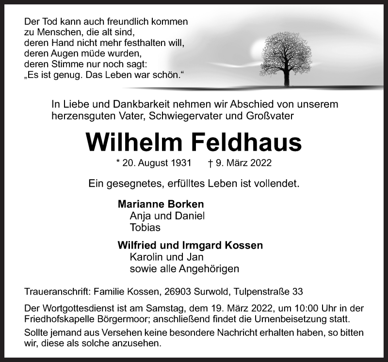  Traueranzeige für Wilhelm Feldhaus vom 15.03.2022 aus Neue Osnabrücker Zeitung GmbH & Co. KG