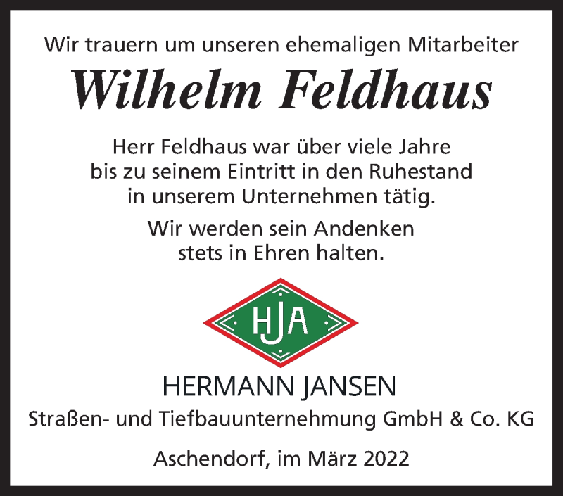  Traueranzeige für Wilhelm Feldhaus vom 16.03.2022 aus Neue Osnabrücker Zeitung GmbH & Co. KG