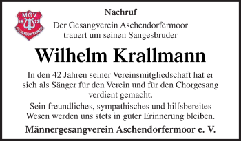 Traueranzeige von Wilhelm Krallmann von Neue Osnabrücker Zeitung GmbH & Co. KG