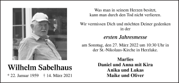 Traueranzeige von Wilhelm Sabelhaus von Neue Osnabrücker Zeitung GmbH & Co. KG