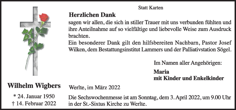  Traueranzeige für Wilhelm Wigbers vom 31.03.2022 aus Neue Osnabrücker Zeitung GmbH & Co. KG