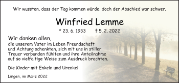 Traueranzeige von Winfried Lemme von Neue Osnabrücker Zeitung GmbH & Co. KG