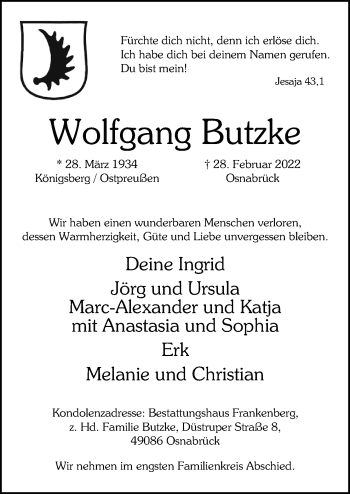 Traueranzeige von Wolfgang Butzke von Neue Osnabrücker Zeitung GmbH & Co. KG