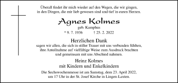 Traueranzeige von Agnes Kolmes von Neue Osnabrücker Zeitung GmbH & Co. KG