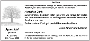 Traueranzeige von Agnes Suhl von Neue Osnabrücker Zeitung GmbH & Co. KG
