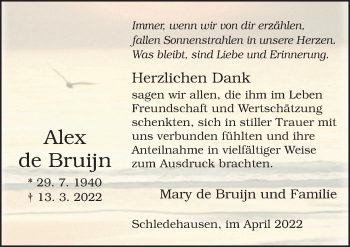 Traueranzeige von Alex de Bruijn von Neue Osnabrücker Zeitung GmbH & Co. KG