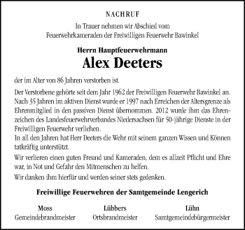 Traueranzeige von Alex Deeters von Neue Osnabrücker Zeitung GmbH & Co. KG