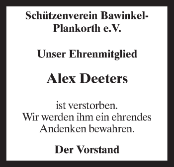 Traueranzeige von Alex Deeters von Neue Osnabrücker Zeitung GmbH & Co. KG