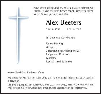 Traueranzeige von Alex Deeters von Neue Osnabrücker Zeitung GmbH & Co. KG