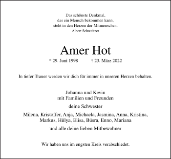 Traueranzeige von Amer Hot von Neue Osnabrücker Zeitung GmbH & Co. KG