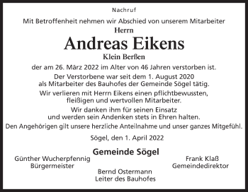 Traueranzeige von Andreas Eikens von Neue Osnabrücker Zeitung GmbH & Co. KG