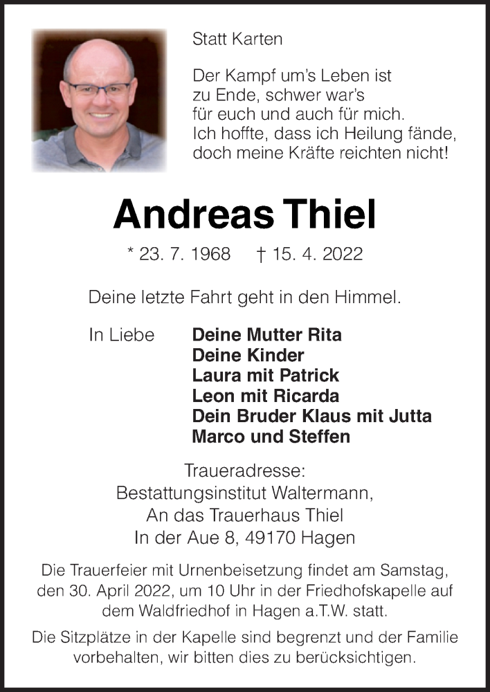  Traueranzeige für Andreas Thiel vom 23.04.2022 aus Neue Osnabrücker Zeitung GmbH & Co. KG