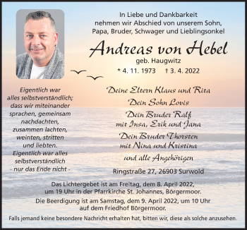 Traueranzeige von Andreas von Hebel von Neue Osnabrücker Zeitung GmbH & Co. KG