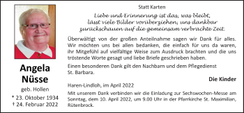 Traueranzeige von Angela Nüsse von Neue Osnabrücker Zeitung GmbH & Co. KG
