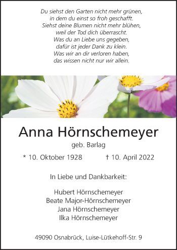 Traueranzeige von Anna Hörnschemeyer von Neue Osnabrücker Zeitung GmbH & Co. KG