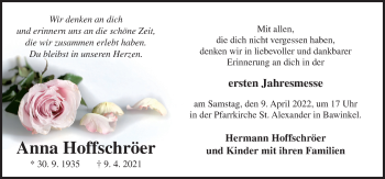 Traueranzeige von Anna Hoffschröer von Neue Osnabrücker Zeitung GmbH & Co. KG