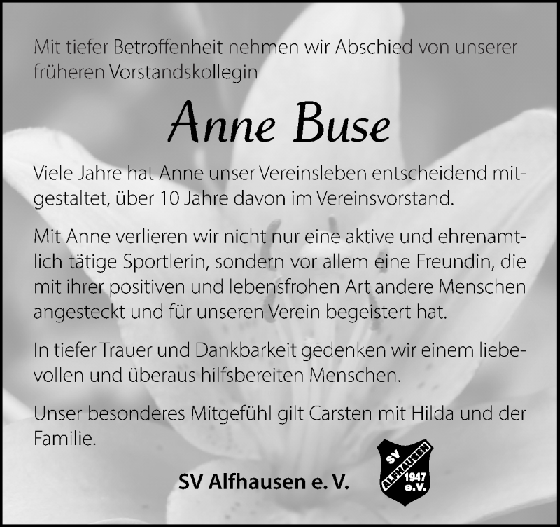  Traueranzeige für Anne Buse vom 01.04.2022 aus Neue Osnabrücker Zeitung GmbH & Co. KG